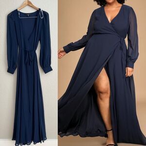 Dark Navy Blue Long Sleeve Wrap Dress Plus 1XL